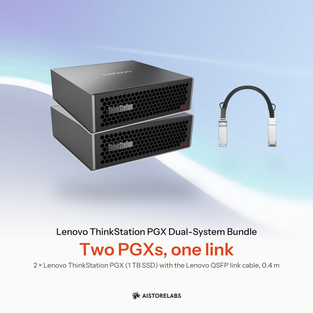 Lenovo ThinkStation PGX Dual-System Bundle: two stacked ThinkStation PGX units and the Lenovo QSFP link cable