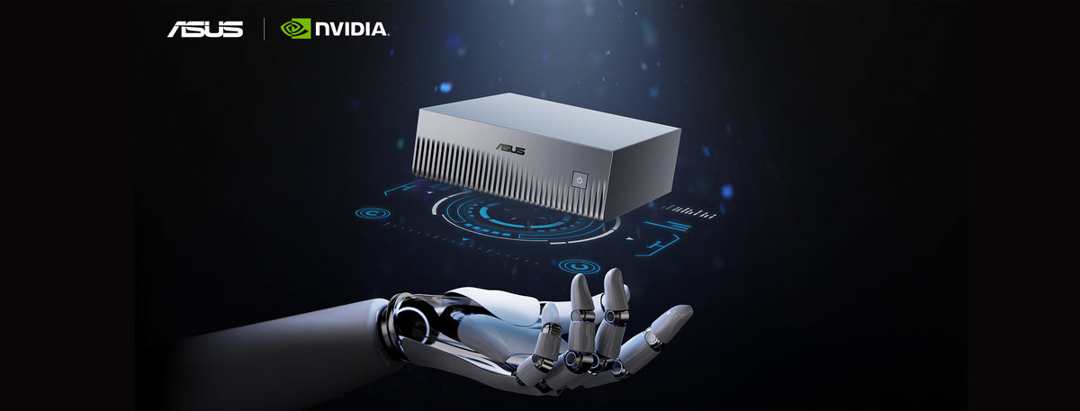 ASUS Ascent GX10 key visual: the unit floating above a robotic hand on a dark blue tech background