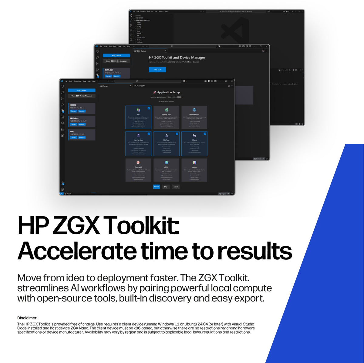 HP ZGX Toolkit: VS Code extension windows for device management and one-click application setup on the ZGX Nano. Source: HP.