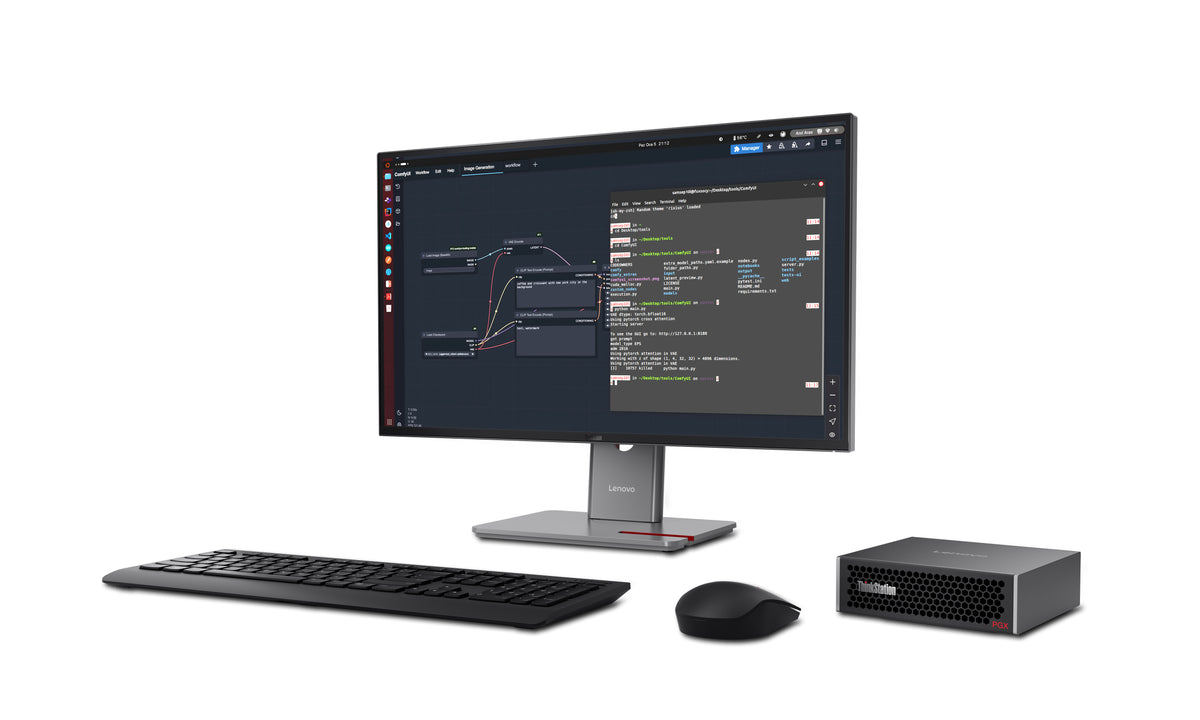 Lenovo ThinkStation PGX set up with a monitor running an AI workflow, keyboard and mouse