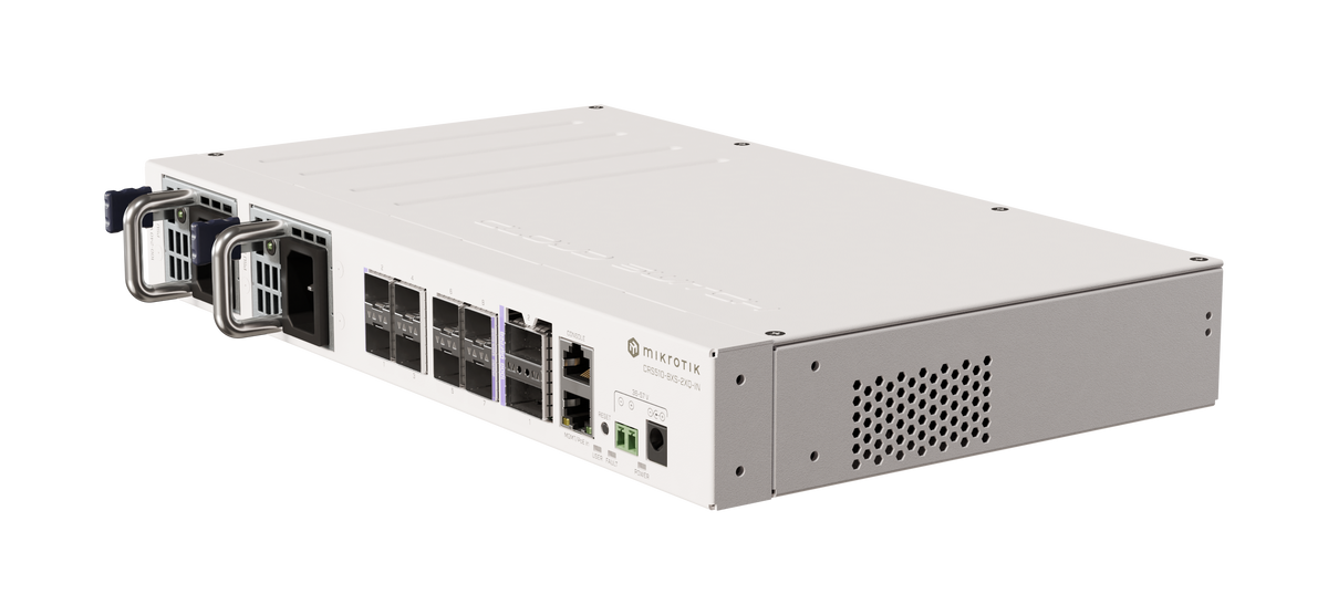 MikroTik CRS510-8XS-2XQ-IN, three-quarter front view with PSU handles and port block