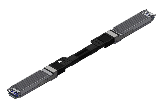 NVIDIA MCA4J80 twin-port OSFP active copper cable with finned-top connectors and pull tabs