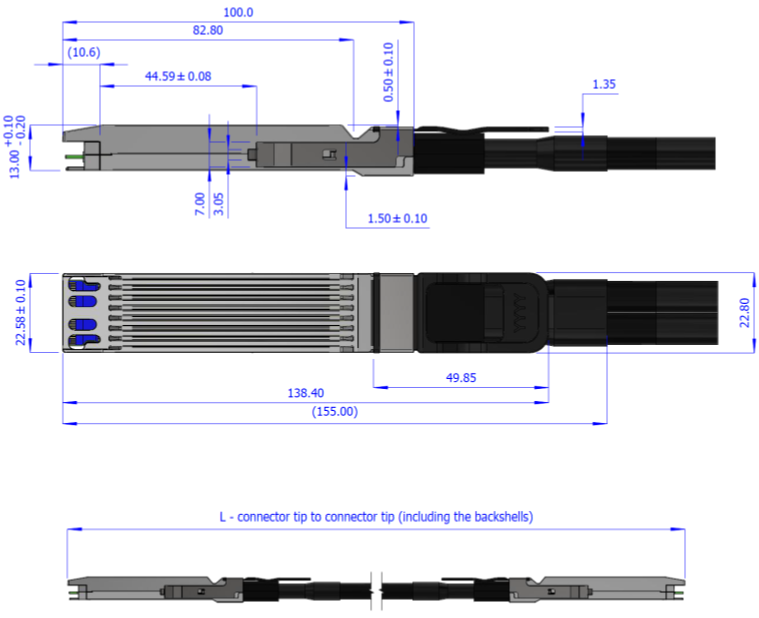 Mechanical drawing of the MCA4J80 finned twin-port OSFP connector with side and top dimensions