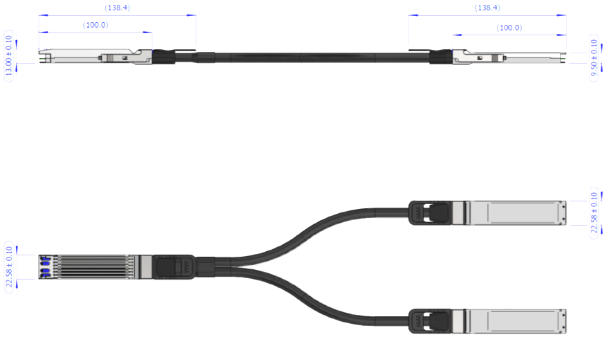 Mechanical drawing of the MCA7J60 splitter: twin-port OSFP head to two OSFP ends with dimensions