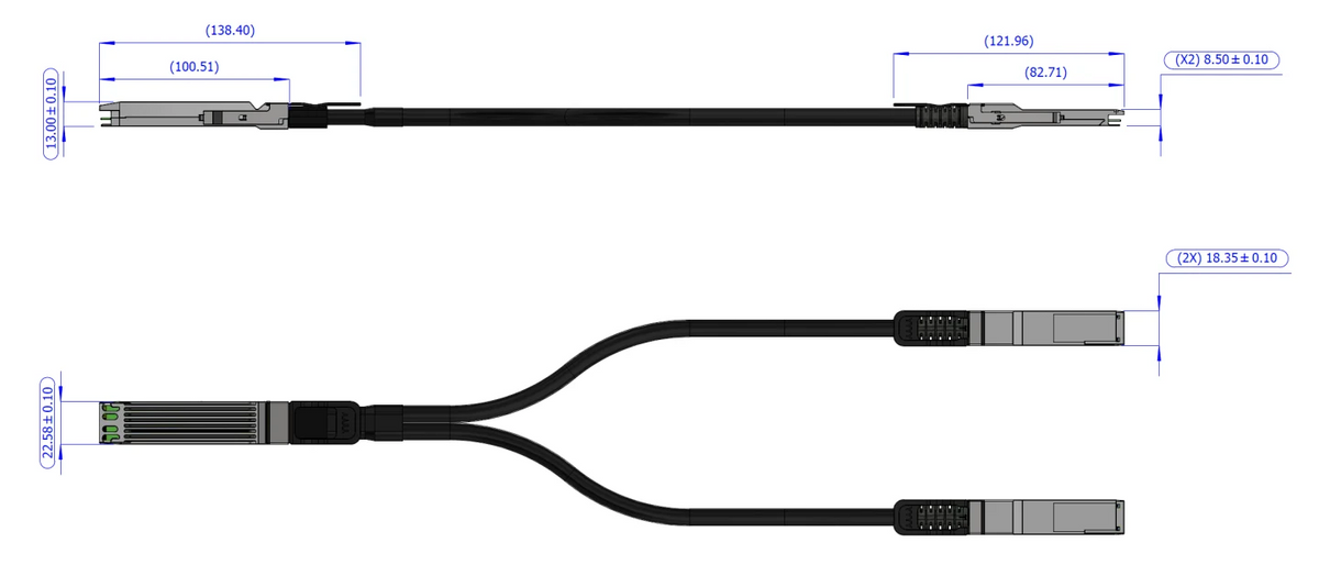 Mechanical drawing of the MCA7J65 splitter: OSFP head and two QSFP112 legs with key dimensions