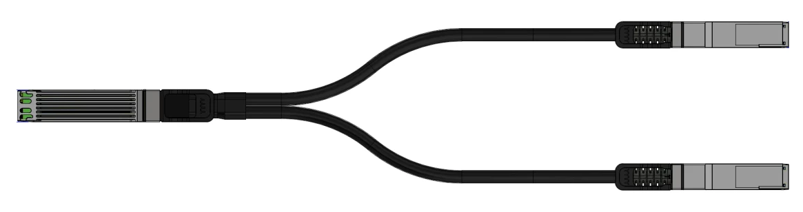 NVIDIA MCA7J65 active copper splitter: twin-port OSFP head splitting into two QSFP112 ends