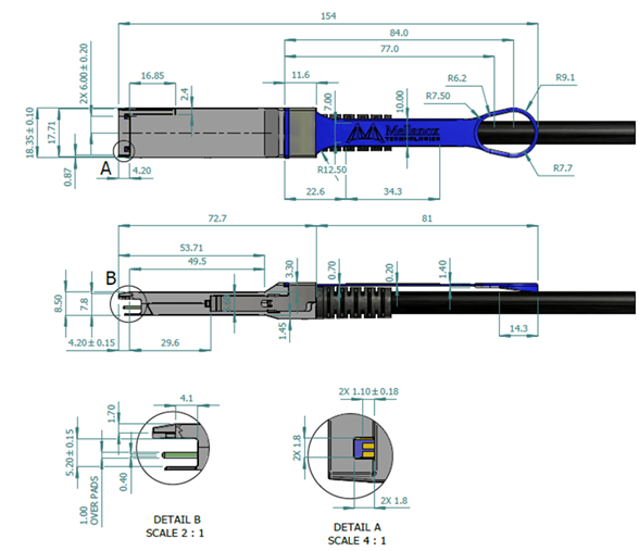 Mechanical drawing of the MCP1600 QSFP28 plug and pull tab with dimensions