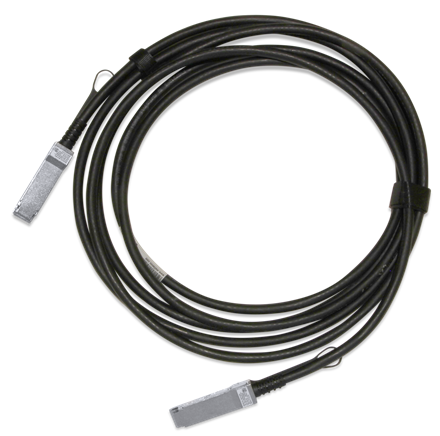 Coiled NVIDIA MCP1600 QSFP28 passive DAC with pull-tab connectors
