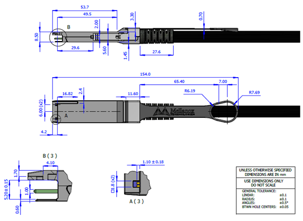 Mechanical drawing of the MCP1650 QSFP56 plug and pull tab with dimensions