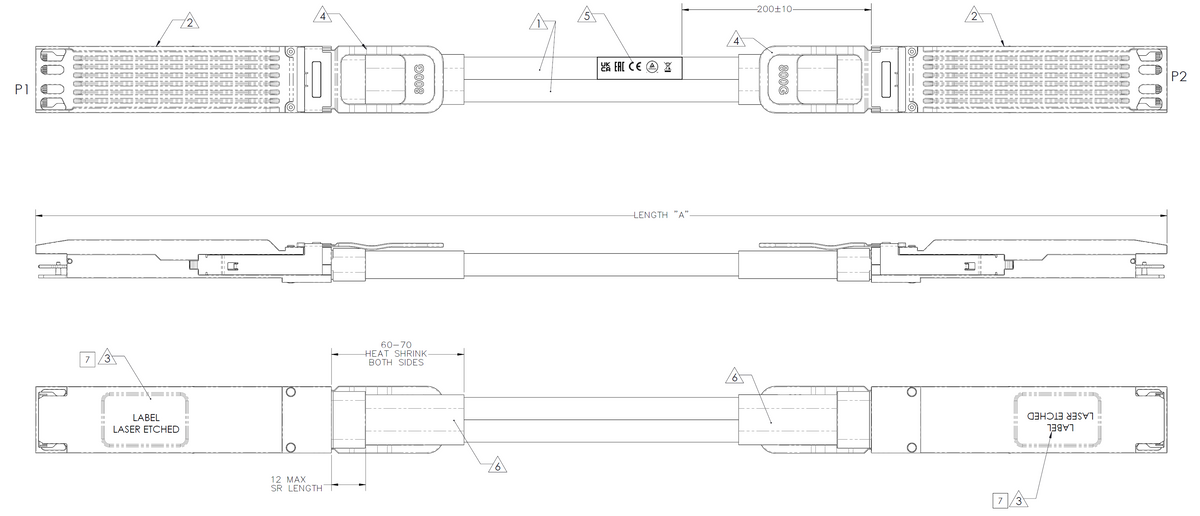 Mechanical drawing of the MCP4Y10 finned-top OSFP DAC: top and side views with length definition
