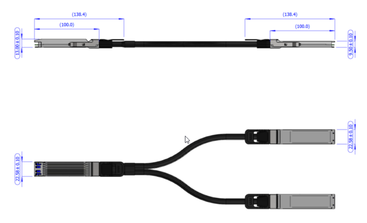 Mechanical drawing of the MCP7Y00 1:2 splitter: top and side views with head and end dimensions