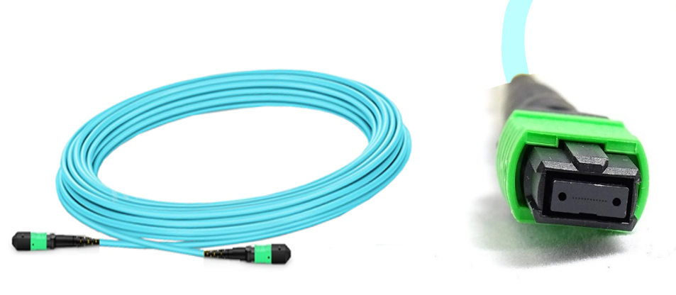 Coiled aqua OM4 multimode fibre with a close-up of the green MPO-12/APC connector