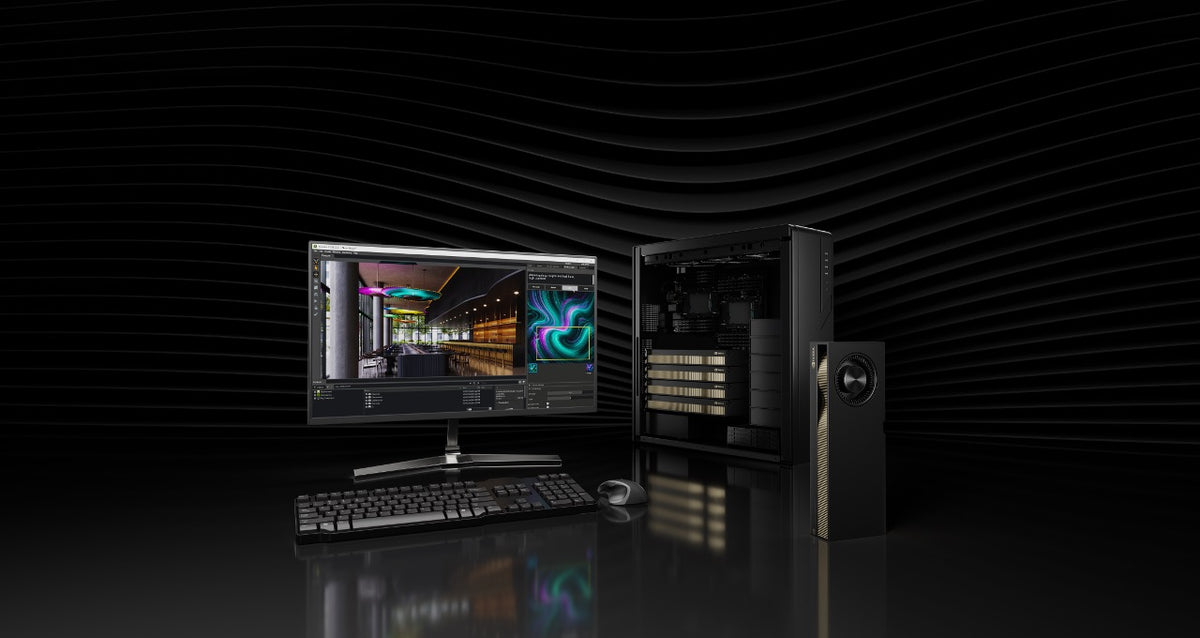 NVIDIA RTX PRO 5000 Blackwell card beside a workstation and a monitor running design and AI applications