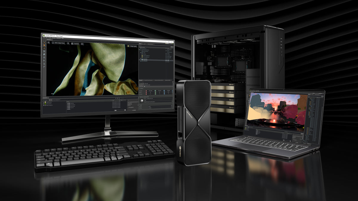 Workstation with four blower-style NVIDIA RTX PRO Blackwell GPUs installed, next to a monitor and laptop